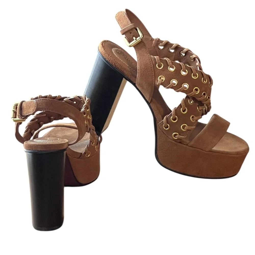 See By Chloé NWOB Tan Suede Platform Sandals 38 Lace-Up Grommet Boho Designer